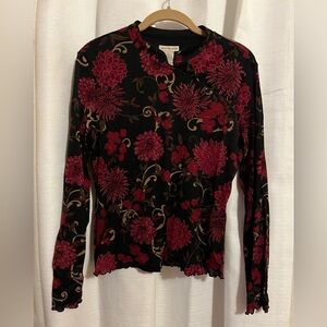 Vintage 90s Apostrophe Black Top with Red Floral Pattern, Asian inspired Size L